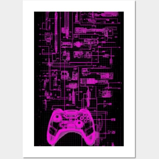 Neon Pink Video Game Controller Blueprint Posters and Art